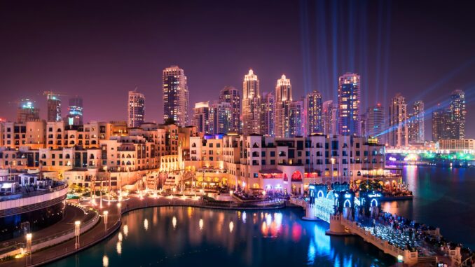 Famous downtown area in Dubai at night, Dubai, United Arab Emirates Famous downtown area in Dubai at night, Dubai, United Arab Emirates
